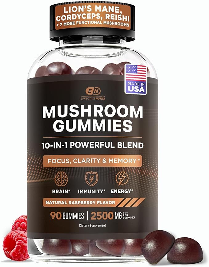 Effective Nutra Mushroom Gummies 2500mg - 10in1 Lion’s Mane, Reishi, Chaga, Cordyceps & More - Focus, Clarity, Memory, Immunity, Energy - Natural Raspberry Flavor, Vegan, Made in USA (90 Count)