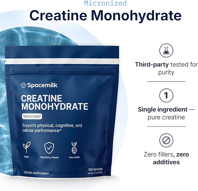 Spacemilk Vegan Non-GMO Creatine Monohydrate Micronized Powder, Unflavored, 5g Serving, 100 Servings