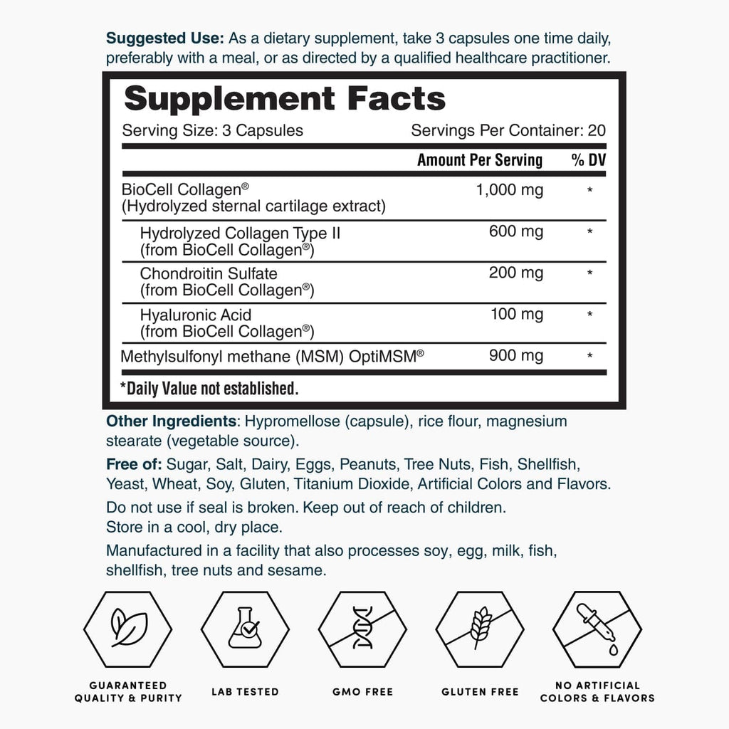 Nature's Lab Hyaluronic Acid with Biocell Collagen and MSM - Skin Hydration, Joint Health - 60 Capsules (20 Day Supply)