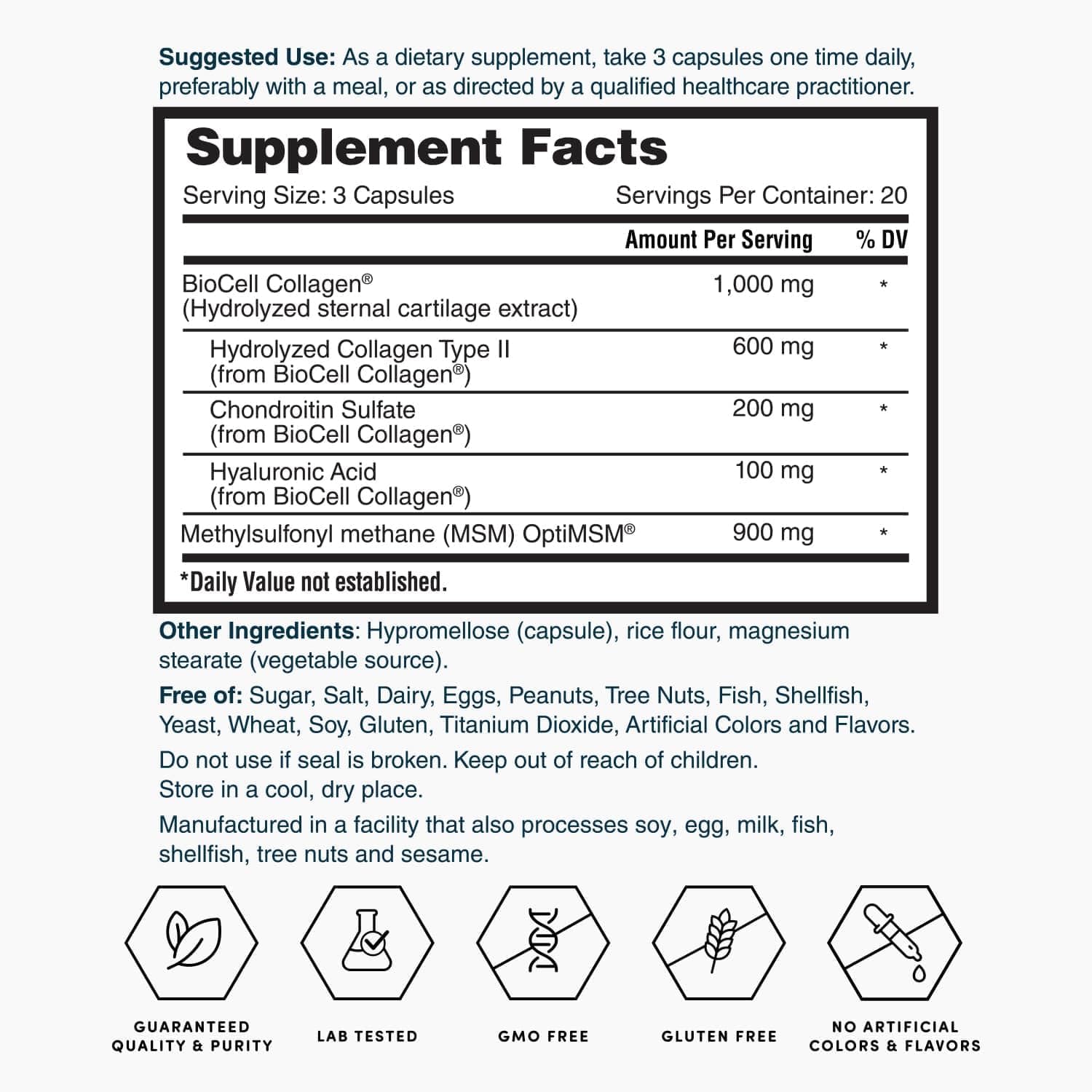 Nature's Lab Hyaluronic Acid with Biocell Collagen and MSM - Skin Hydration, Joint Health - 60 Capsules (20 Day Supply)