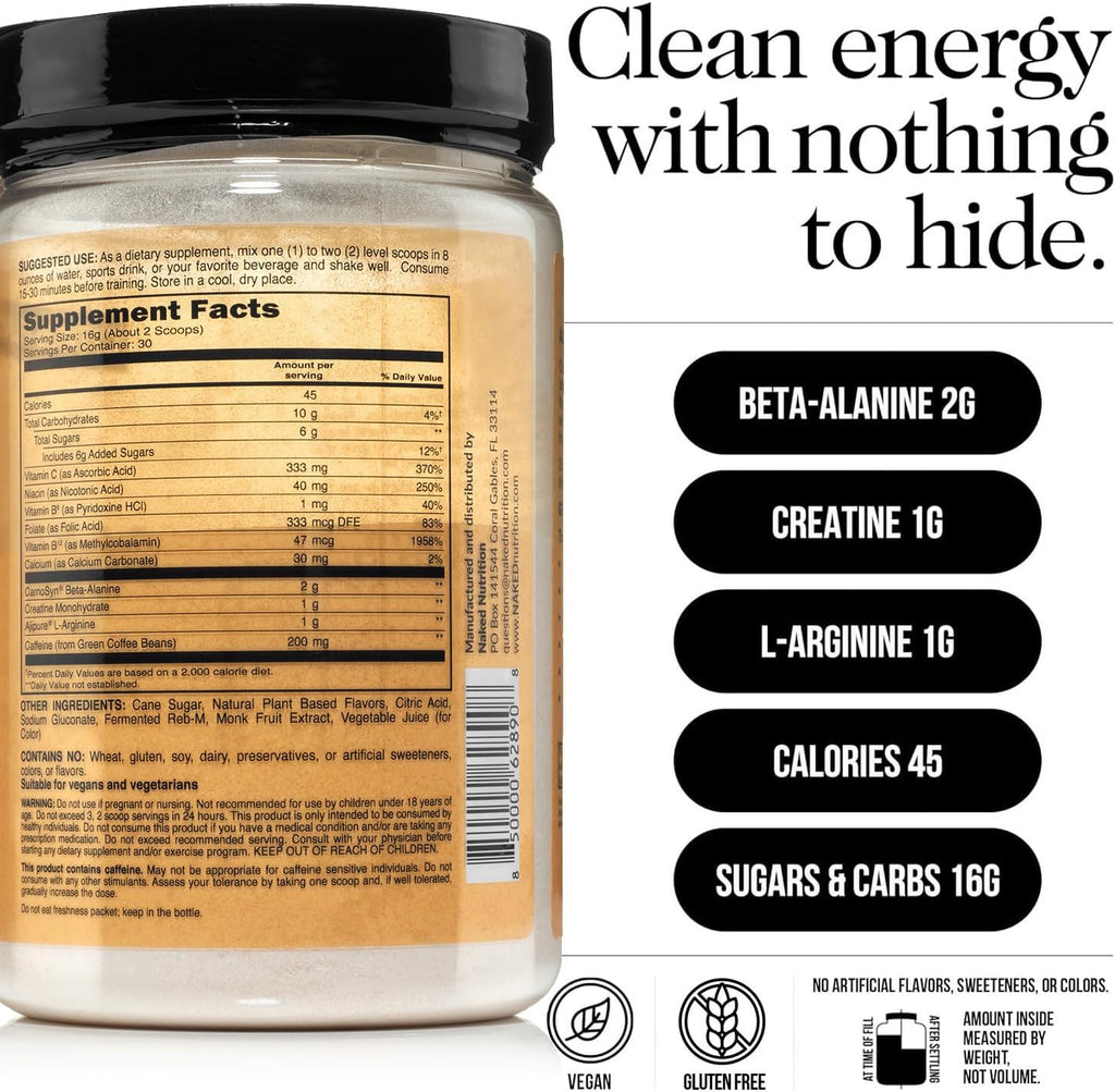 NAKED Citrus Energy - Citrus Flavored Clean Pre Workout Supplement for Men and Women, Vegan Friendly, No Added Sweeteners, Colors Or Flavors - 30 Servings