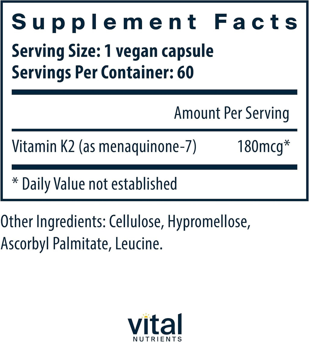 Vital Nutrients Vitamin K2-7 | Promotes Cardiovascular, Heart, Bone Health* | Vitamin K2 + MK7 | Vegan Vitamin K Supplement | Gluten, Dairy, Soy Free | Non-GMO | 60 Capsules