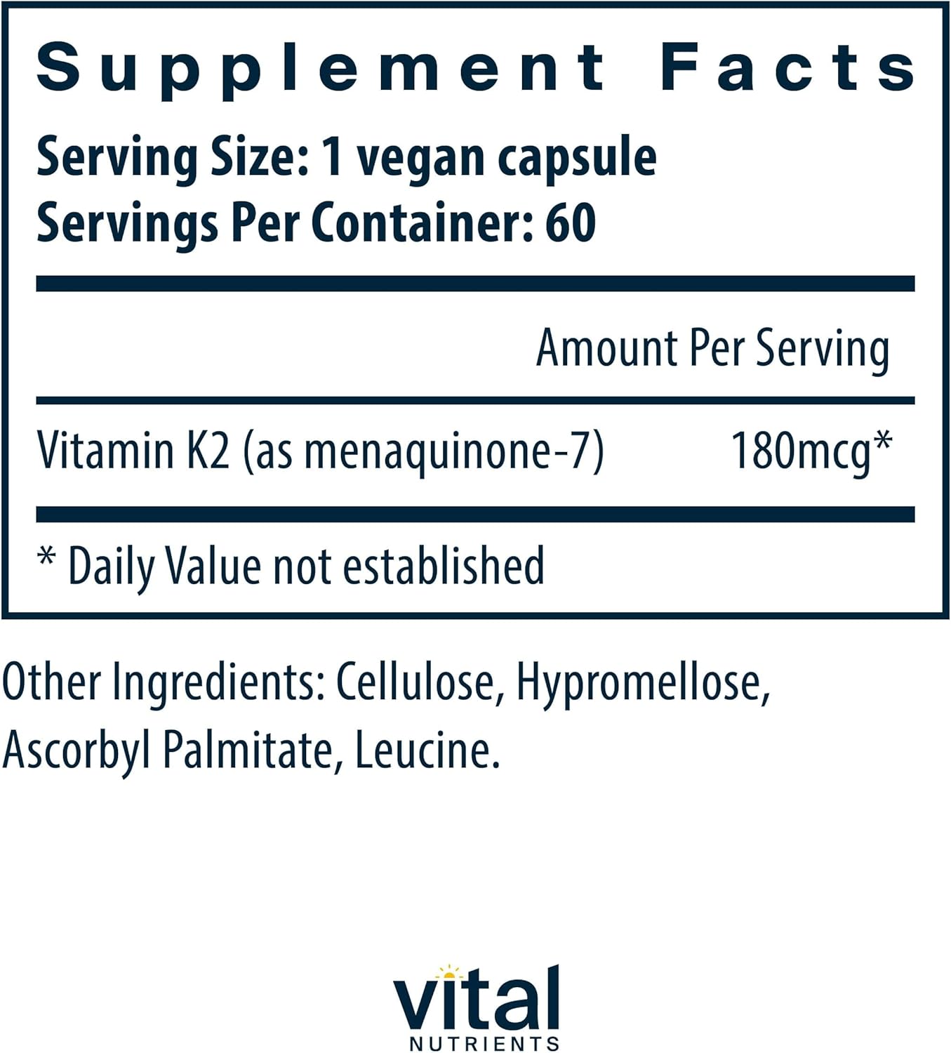 Vital Nutrients Vitamin K2-7 | Promotes Cardiovascular, Heart, Bone Health* | Vitamin K2 + MK7 | Vegan Vitamin K Supplement | Gluten, Dairy, Soy Free | Non-GMO | 60 Capsules