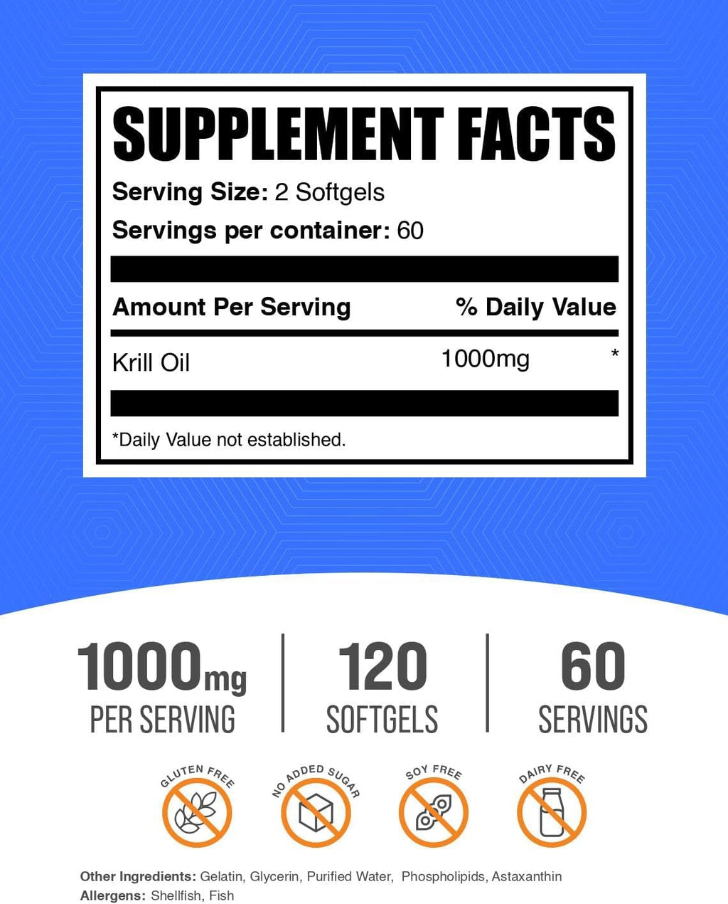 BulkSupplements.com Krill Oil 1000mg Softgels - Antarctic Krill Oil Supplement - Omega 3 Supplement, DHA Supplement - Gluten Free, 2 Softgels per Serving, 120 Count (Pack of 1)