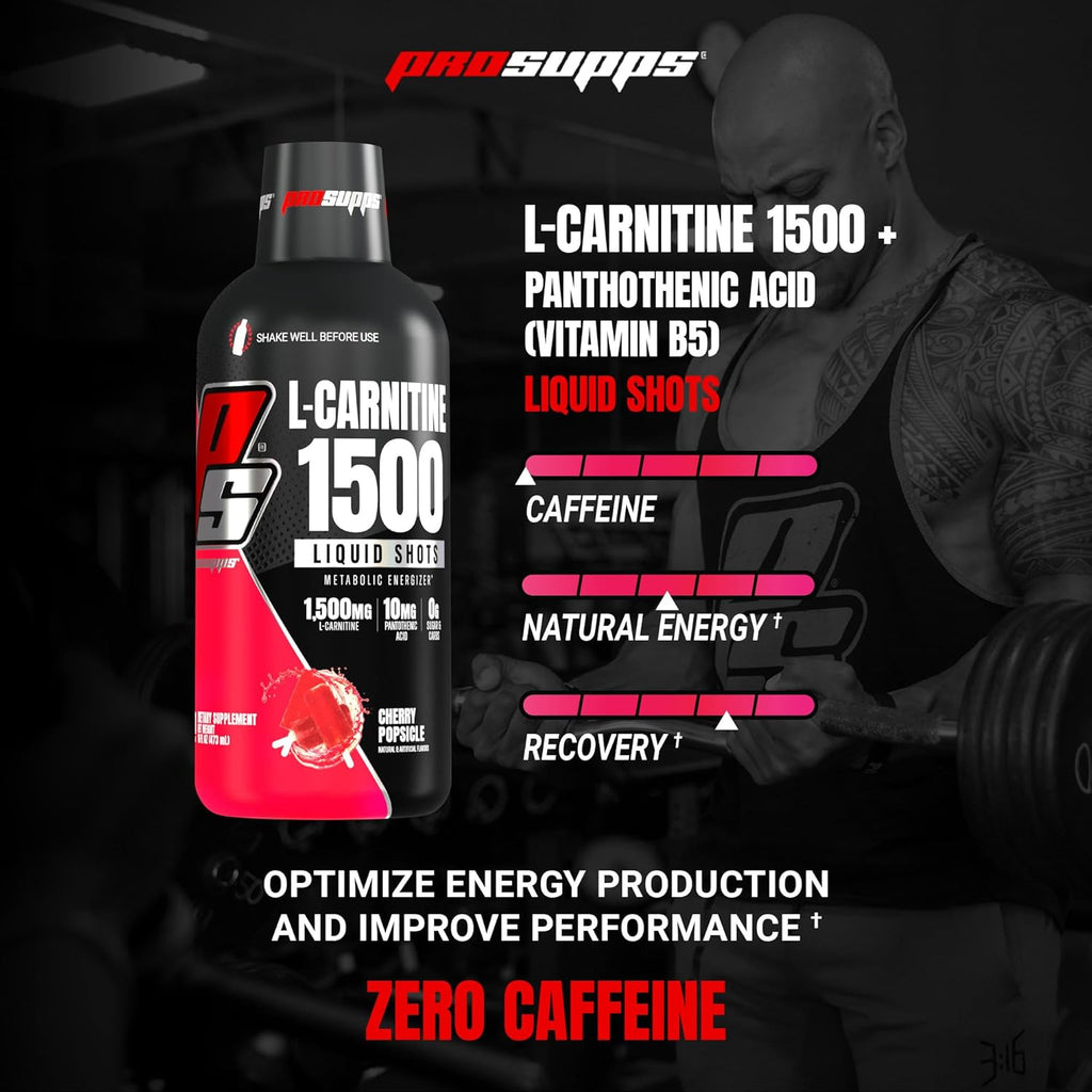 PROSUPPS L-Carnitine Liquid 1500, Stimulant-Free Liquid Shots for Men & Women - Clean Workout Drink for Energy, Performance & Muscle Recovery - No Sugar, No Carbs - 31 Servings, Cherry Popsicle