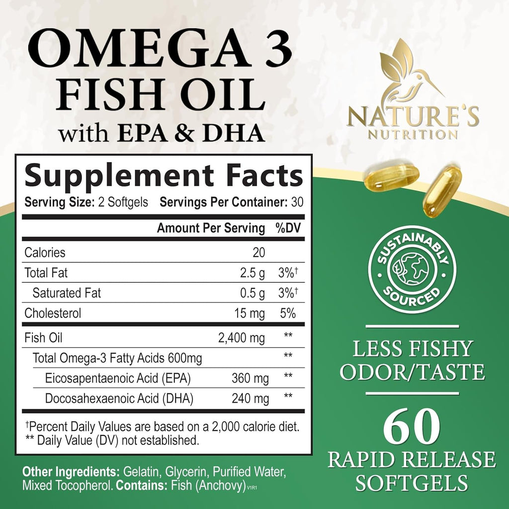 Omega 3 Fish Oil Supplements 2400 mg - Triple Strength Omega3 - EPA & DHA with Essential Fatty Acids - Natural Immune, Brain & Heart Health Support - Burpless, Lemon Flavor, Wild Caught - 60 Softgels