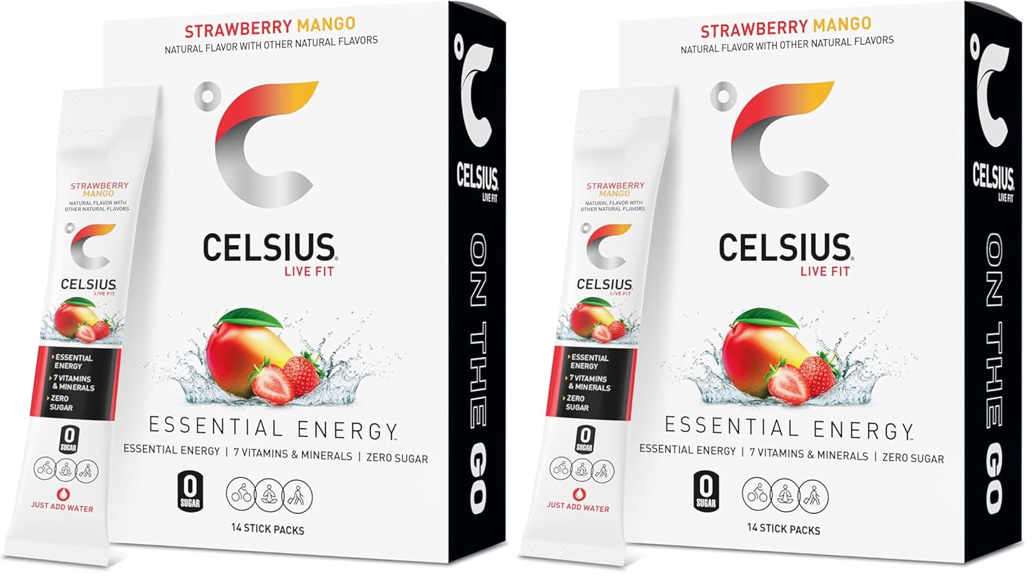CELSIUS On The Go Strawberry Mango, Sugar Free Energy Drink Mix (14 Sticks per Pack) (Pack of 2)