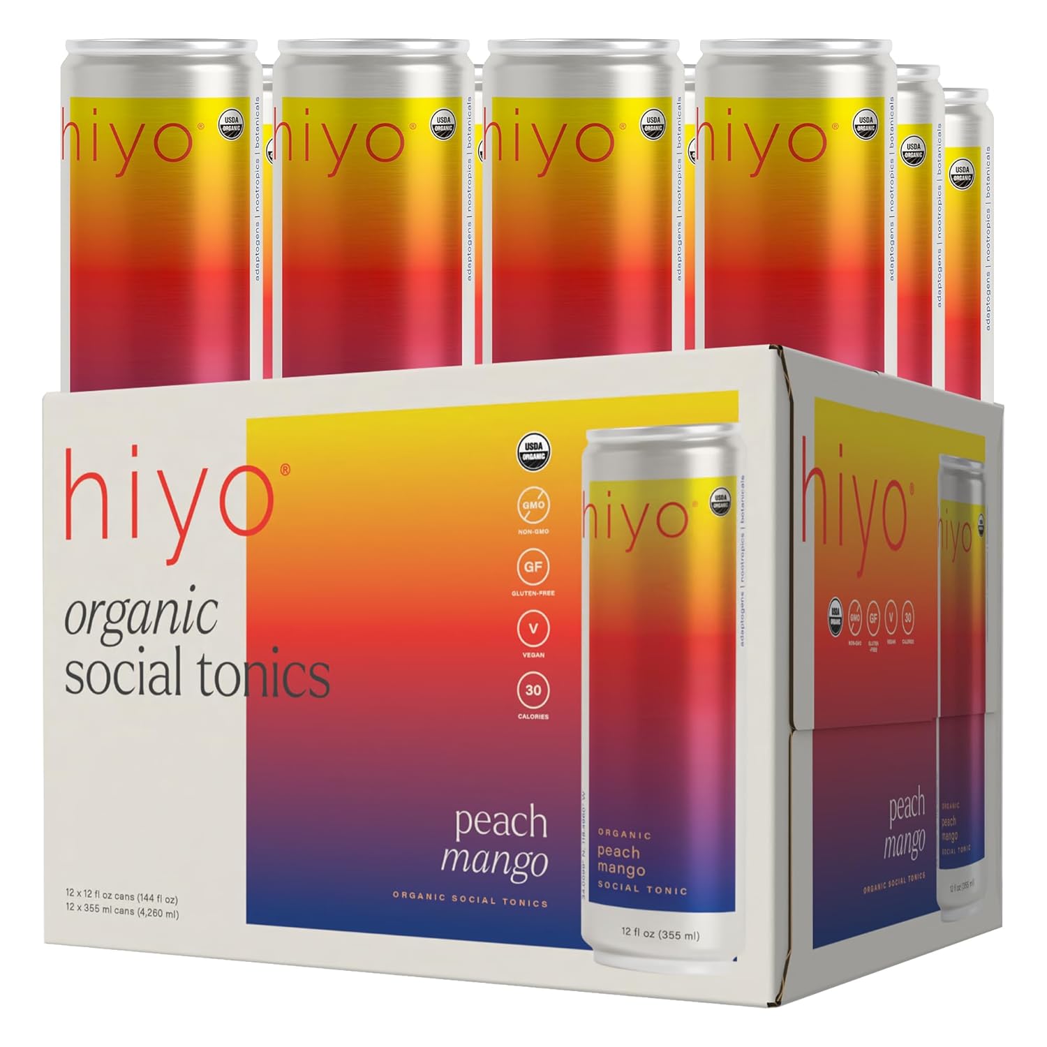 Hiyo Organic Social Tonic - Peach Mango, 12 Pack - N.A. Functional Seltzer, Sparkling Water Crafted with Organic Adaptogens, Nootropics & Botanicals
