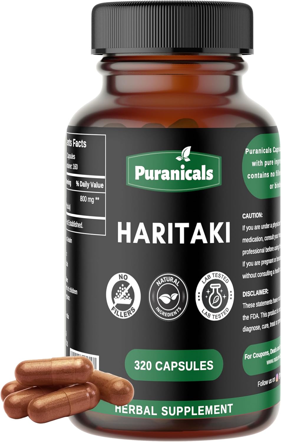 Haritaki Premium 320 Capsules Immunity Booster | Non GMO and Gluten Free | Herbal Supplement | 800 mg Per Serving | Made with 100% Pure Herb Haritaki Powder