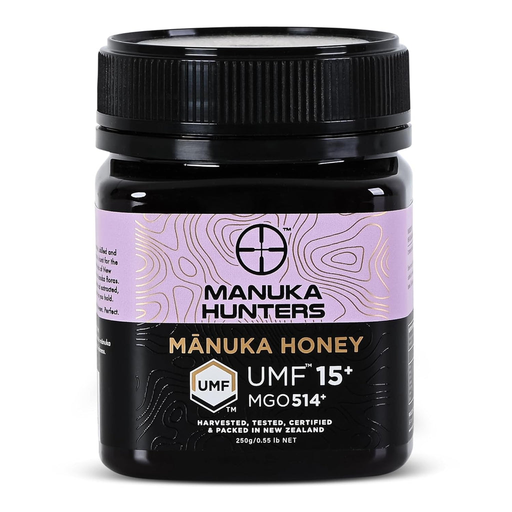 Manuka Hunters UMF 15+/MGO 514+ Certified New Zealand Manuka Honey - 100% Pure Natural Sweetener - Gluten, Dairy Free - Ideal for Tea, Coffee, Smoothies, and Baking - Sustainable - 8.8oz/250g Jar