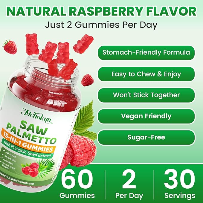 Saw Palmetto Gummies 600mg for Men & Women – Pumpkin Seed Oil Gummies with Saw Palmetto Supplement for Hair Growth & Skin Health, DHT Blocker - Sugar Free, Non-GMO, Raspberry Flavor 120 Count