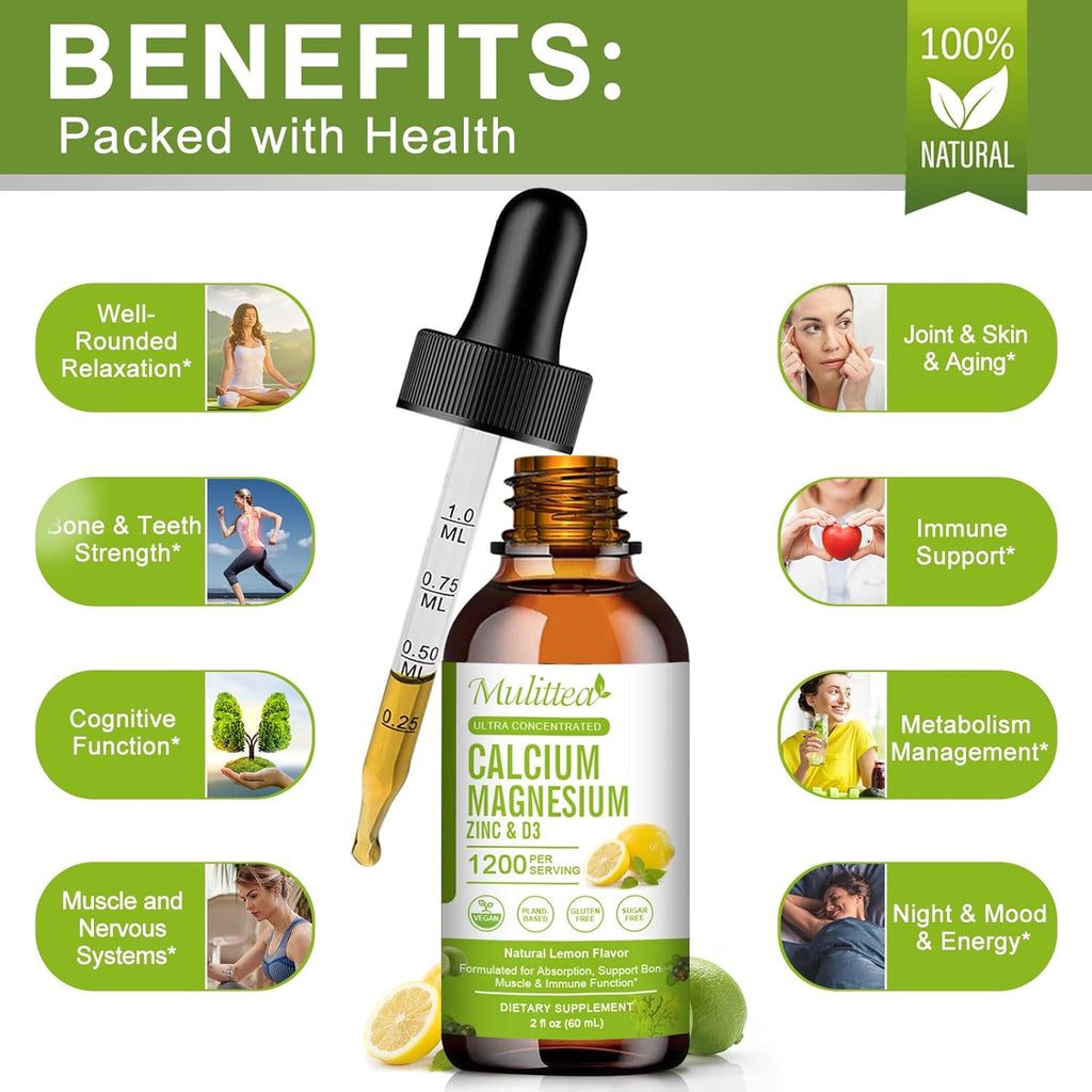 Calcium Magnesium Zinc Liquid with Vitamin D3, Magnesium Glycinate Plus Vitamin C K2| High Absorption Plant Calcium Supplement for Heart & Bone| Gluten Free，Sugar-Free | 60 Servings | Lemon Flavor