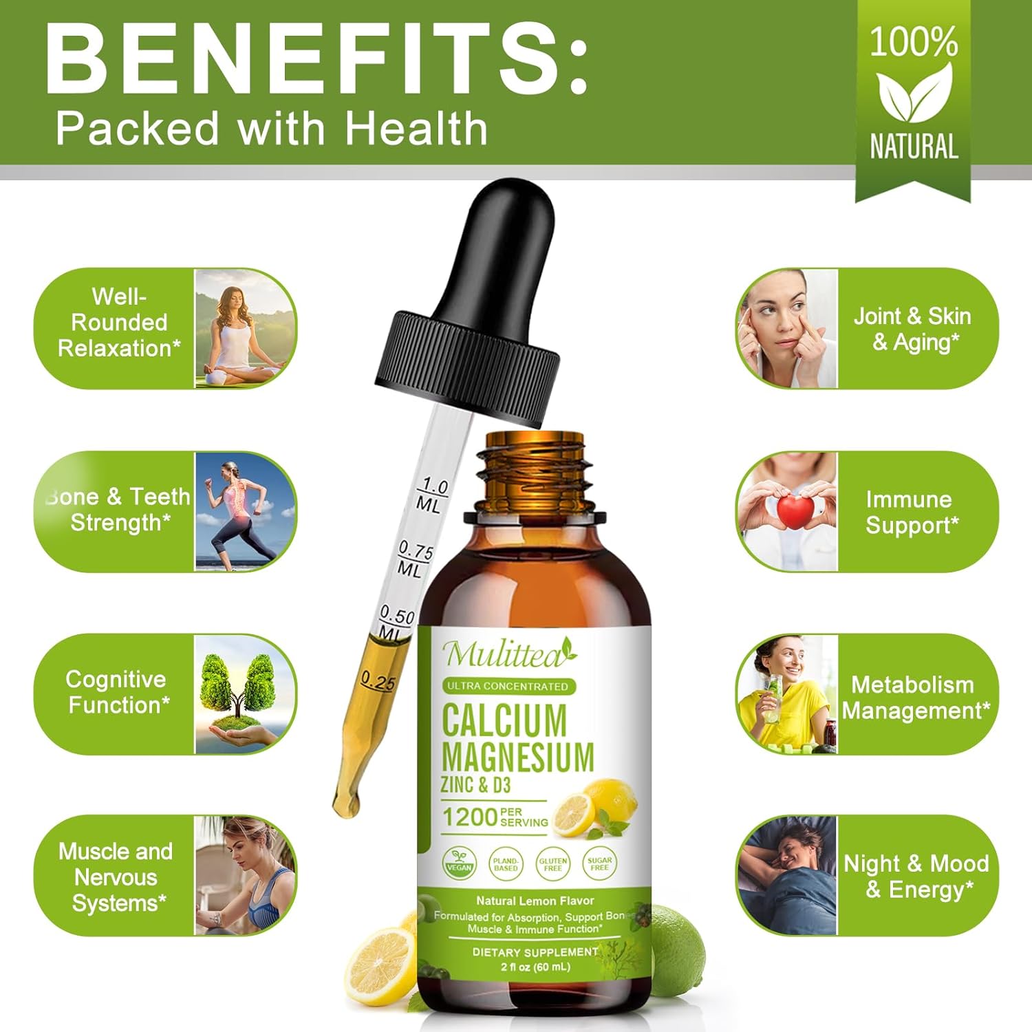 Calcium Magnesium Zinc Liquid with Vitamin D3, Magnesium Glycinate Plus Vitamin C K2| High Absorption Plant Calcium Supplement for Heart & Bone| Gluten Free，Sugar-Free | 30 Servings | Lemon Flavor