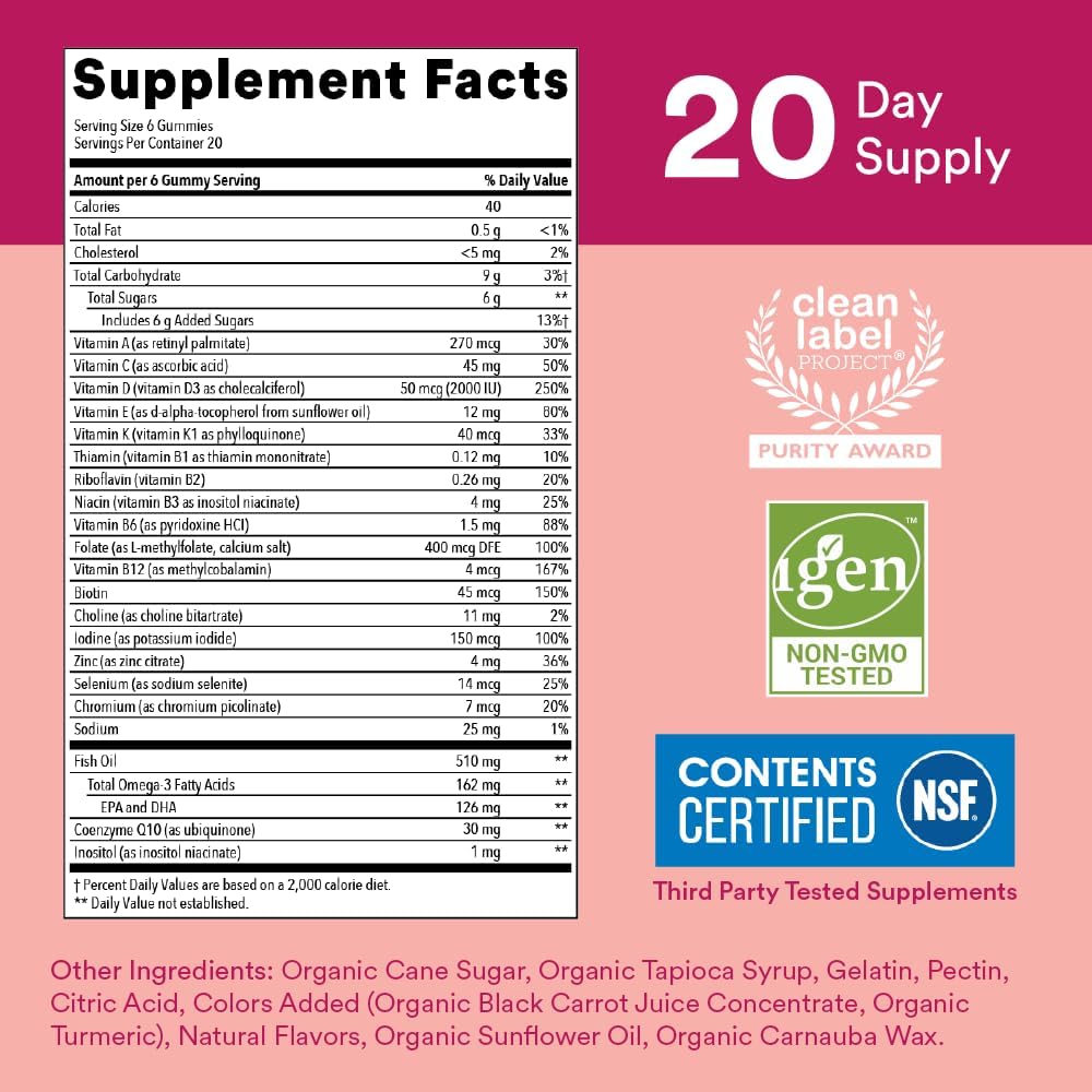 SmartyPants Women's Multivitamin Gummies: Omega 3 Fish Oil (EPA/DHA), Methylfolate, CoQ10, Vitamin D3, C, Vitamin B12, B6, A, K & Zinc, Inositol, Gluten Free, 120 Count (20 Day Supply)