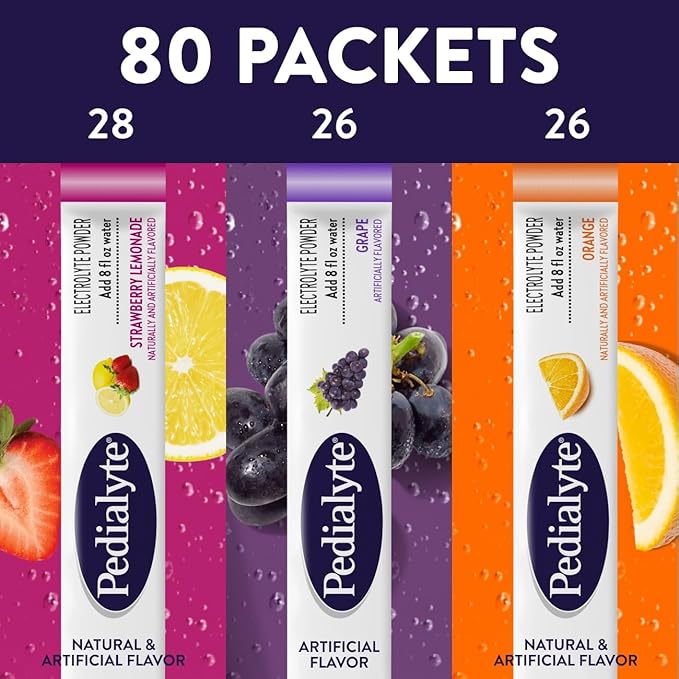 Pedialyte Electrolyte Powder Packets | Hydration Drink for Kids & Adults | Hydration Station Variety Pack: Grape, Strawberry Lemonade, and Orange, 80 Powder Packets