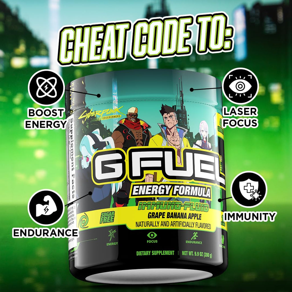 G fuel Cyberpunk Edgerunners Energy Powder, Pre Workout Caffeine Mix for Gaming, Sugar Free Focus Amino, Vitamin + Antioxidants, 9.9oz (Grape Banana Apple, 40 Servings)