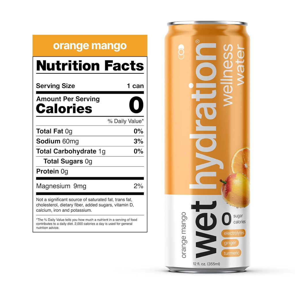 Wet Hydration - Functional Hydration Beverage - Flavored Water, Sugar-Free, Gluten-Free, No Artificial Ingredients (Orange Mango Ginger Turmeric)