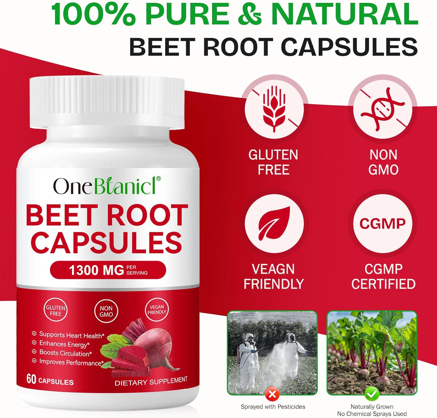 Organic Beet Root Capsules, Beetroot Capsules 1300mg, Beetroot Powder Supports Nitric Oxide Production, Blood Pressure, Enhances Energy, Digestive & Immune