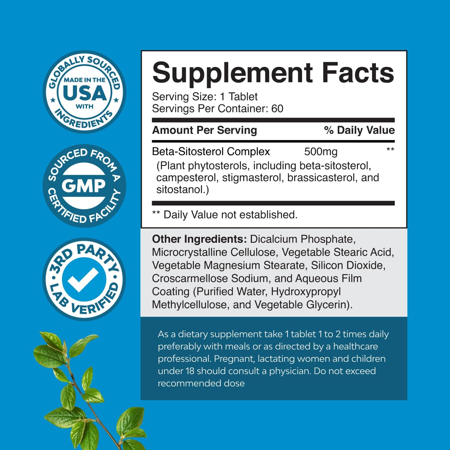 Natures Craft Plant Sterols Complex with Beta Sitosterol - 500mg Beta-Sitosterol Sterols and Stanols Supplement for Prostate Support - Prostate Health Supplement for Men - 60 Tablets
