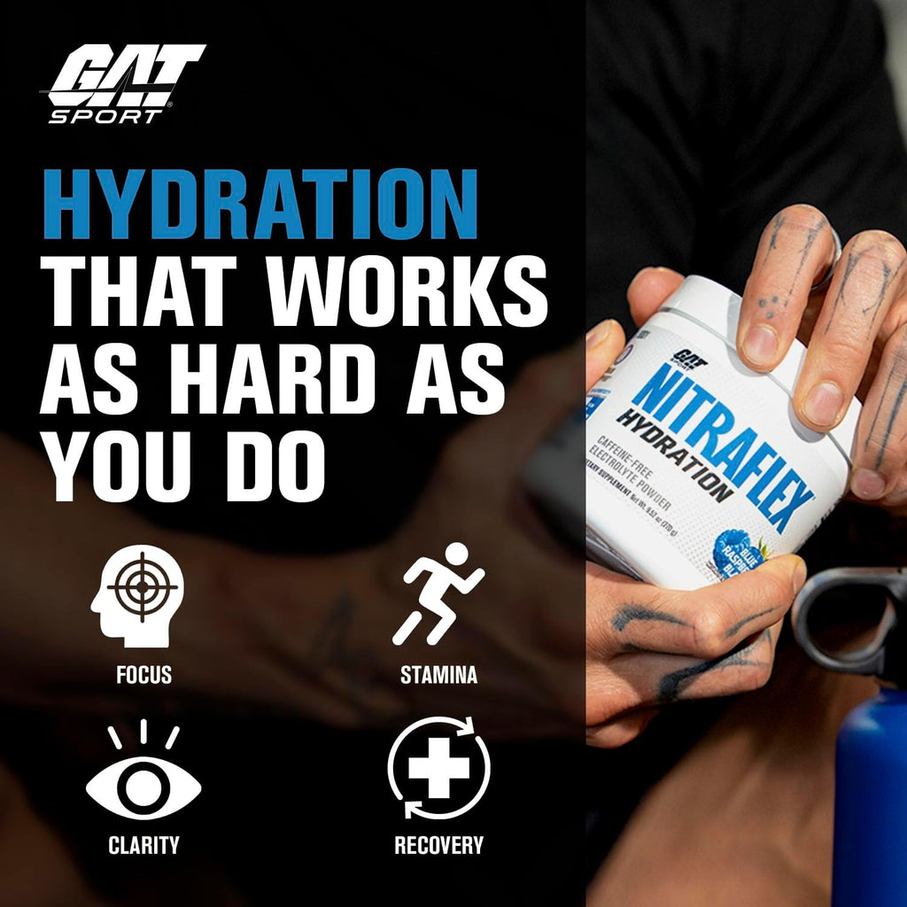 GAT SPORT Nitraflex Hydration Powder, Lemon, Lime, Electrolyte Drink Mix for Performance & Recovery, Taurine, Theanine, 3rd Party Tested, Smart Scan Verified, Sugar-Free, 45 Servings