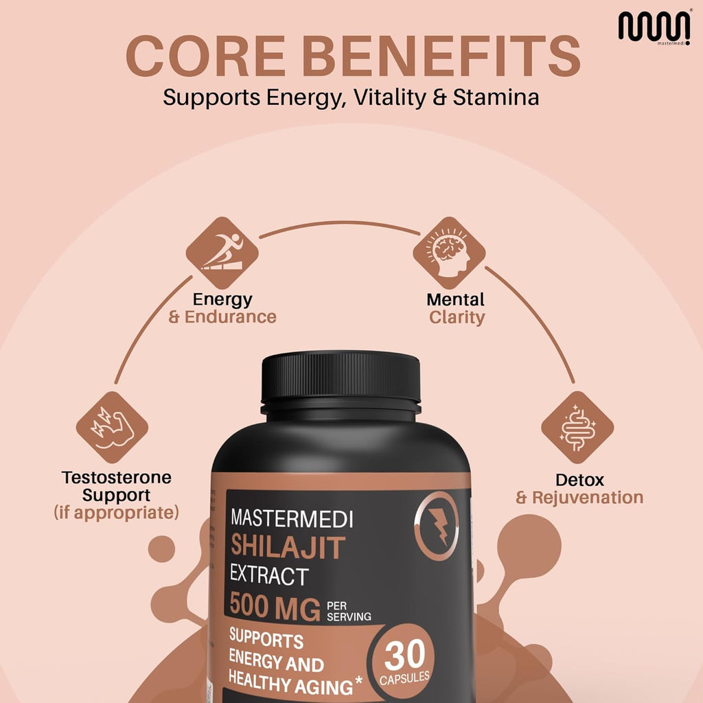 MasterMedi Shilajit 500mg – Pure Himalayan Extract Standardized to Fulvic Acid – Energy, Stamina & Vitality Support – 30 Vegan Capsules – Non-GMO, Gluten-Free, No Fillers, Made in India