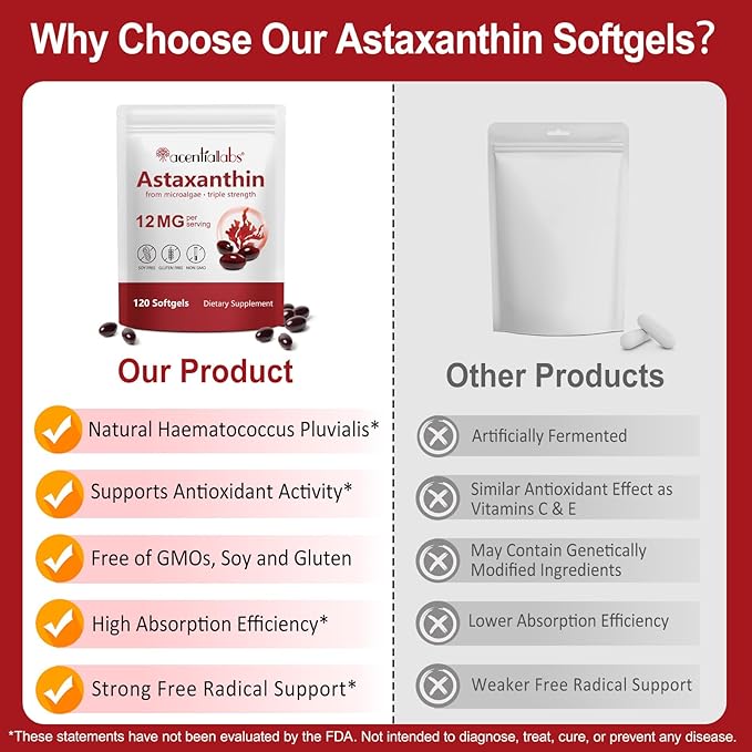 Astaxanthin Supplements 12mg - 120 Softgels | Premium Natural Antioxidant from Microalgae | Eye, Skin, Brain, Joint, Heart & Immune Health Support | Non-GMO, Gluten-Free