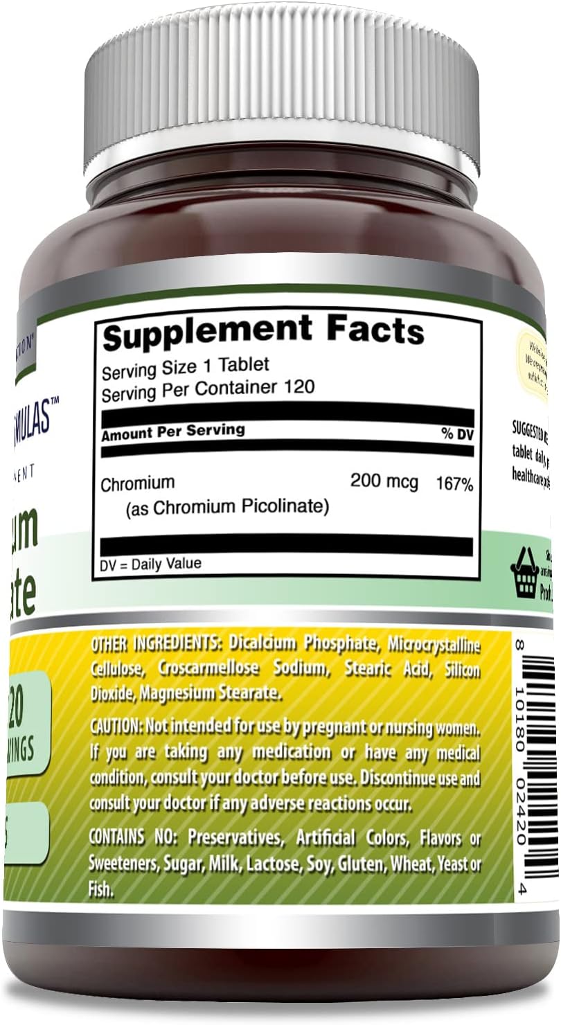 Amazing Formulas Chromium Picolinate Supplement | 200 Mcg Per Serving | Tablets | Non-GMO | Gluten Free | Made in USA (120 Count)