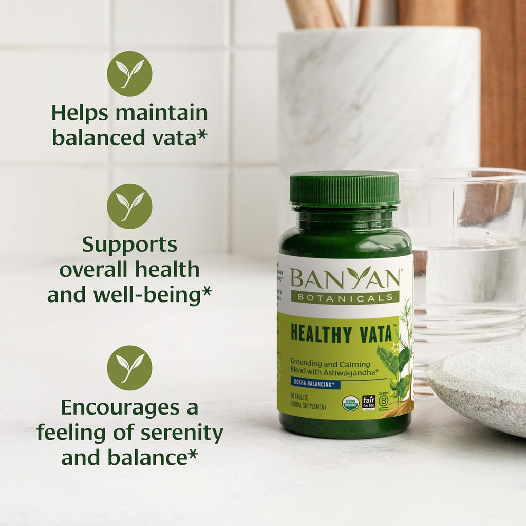 Banyan Botanicals Healthy Vata – Organic Herbal Supplement with Ashwagandha, Shatavari & Other Ayurvedic Herbs for Calm and Balanced Well-Being* – 90 Tablets – Non-GMO Sustainably Sourced Vegan