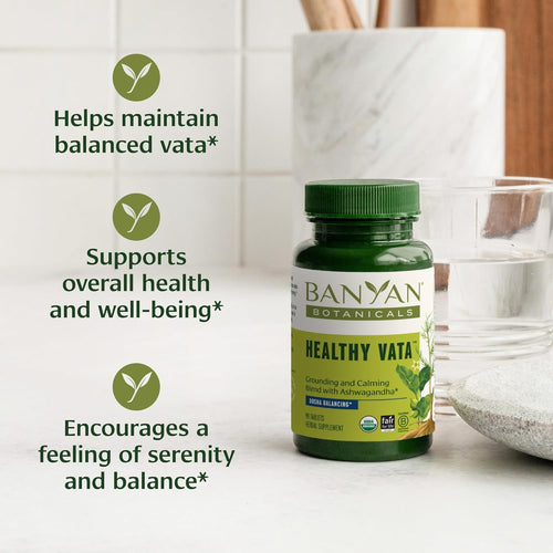 Banyan Botanicals Healthy Vata – Organic Herbal Supplement with Ashwagandha, Shatavari & Other Ayurvedic Herbs for Calm and Balanced Well-Being* – 90 Tablets – Non-GMO Sustainably Sourced Vegan