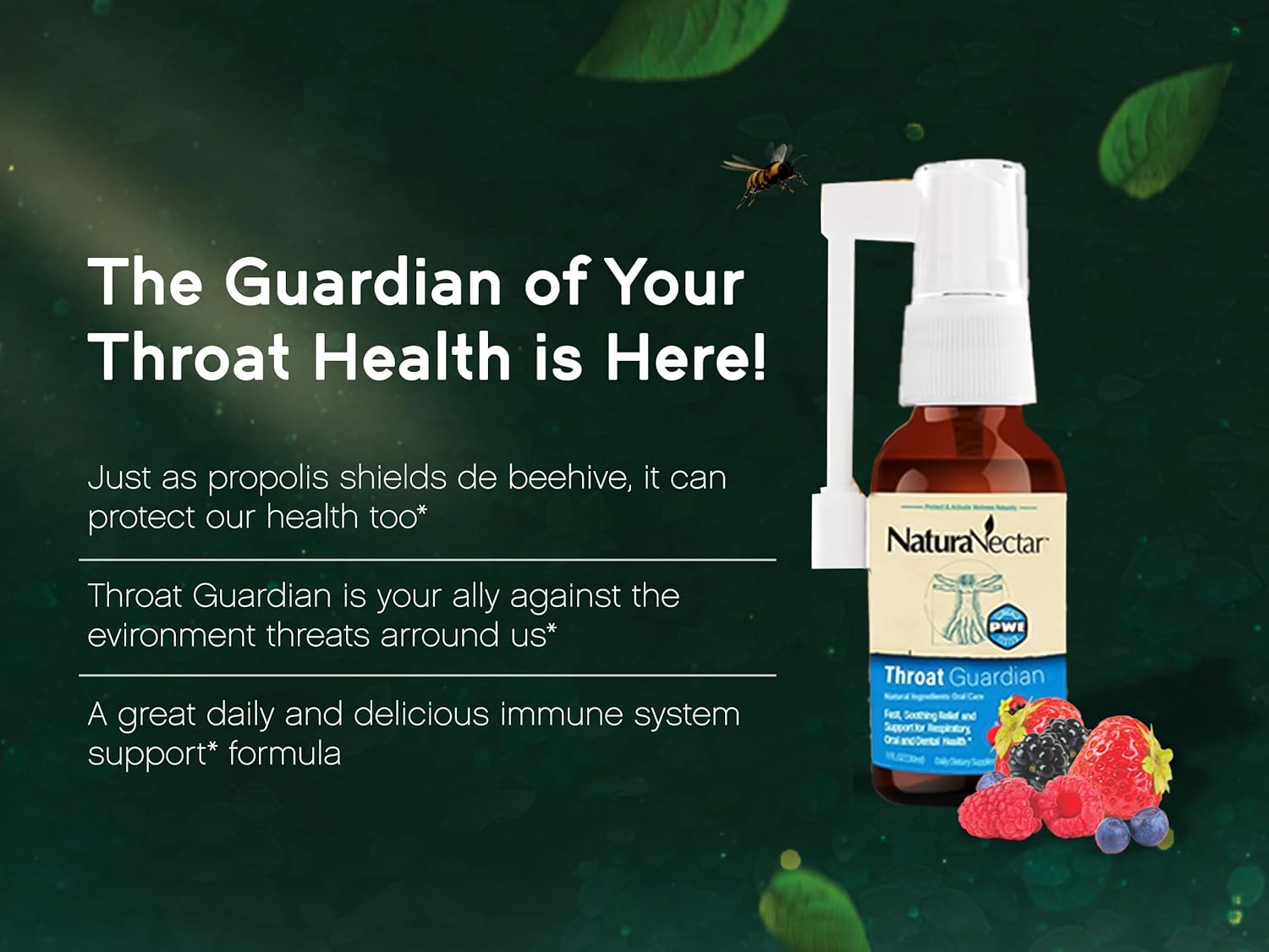 NaturaNectar - Bee Propolis Throat Spray - Unique Throat Relief and Wellness Agent - Brazilian Bee Propolis Throat Guardian Spray - Ethical Beekeeping - Honey Bee Berry Flavor (2-Pack, 1.06 Fl Oz.)