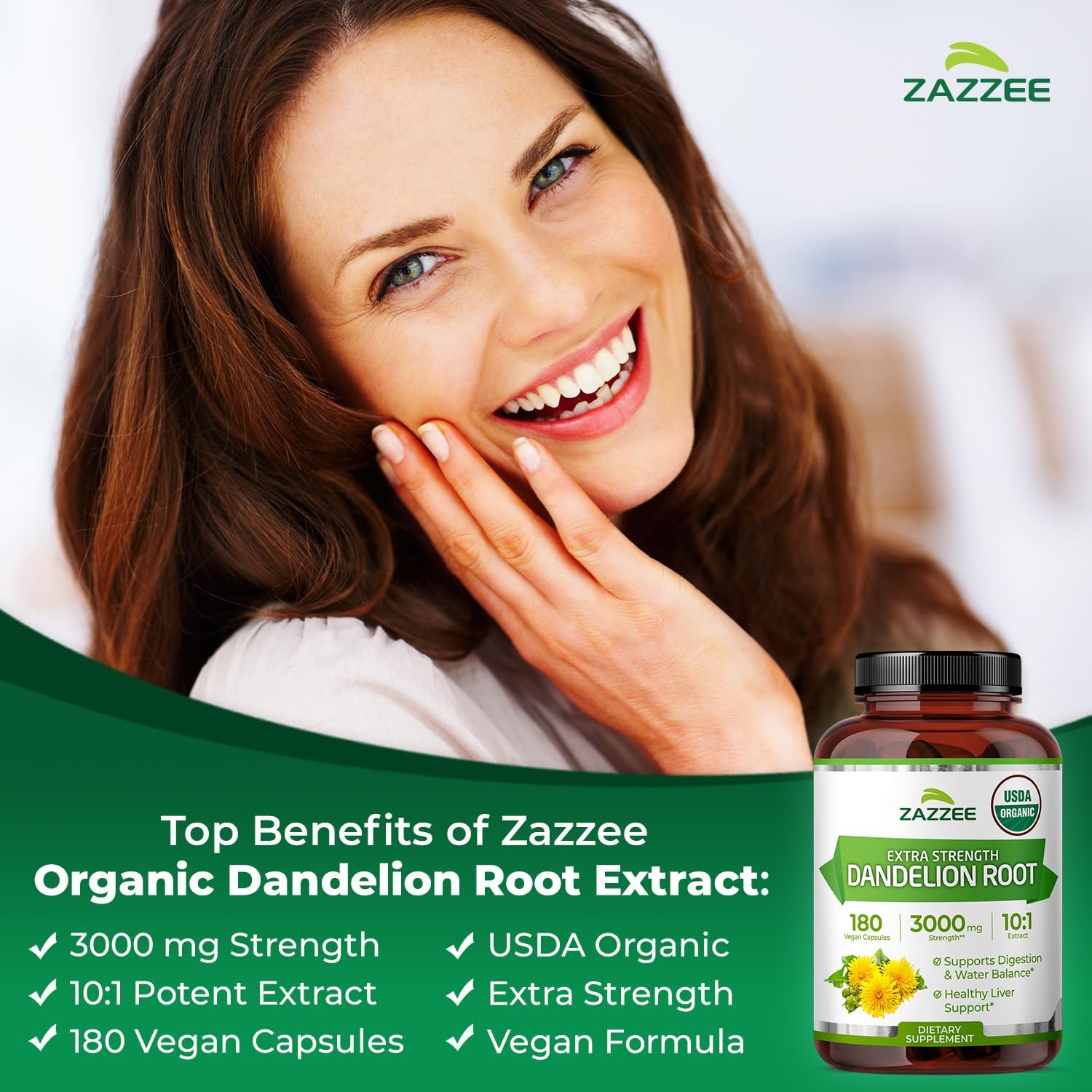 Zazzee USDA Organic Dandelion Root 10:1 Extract, 3000 mg Strength, 180 Capsules, 6 Month Supply, Standardized and Concentrated 10X Extract, 100% Vegetarian, All-Natural and Non-GMO