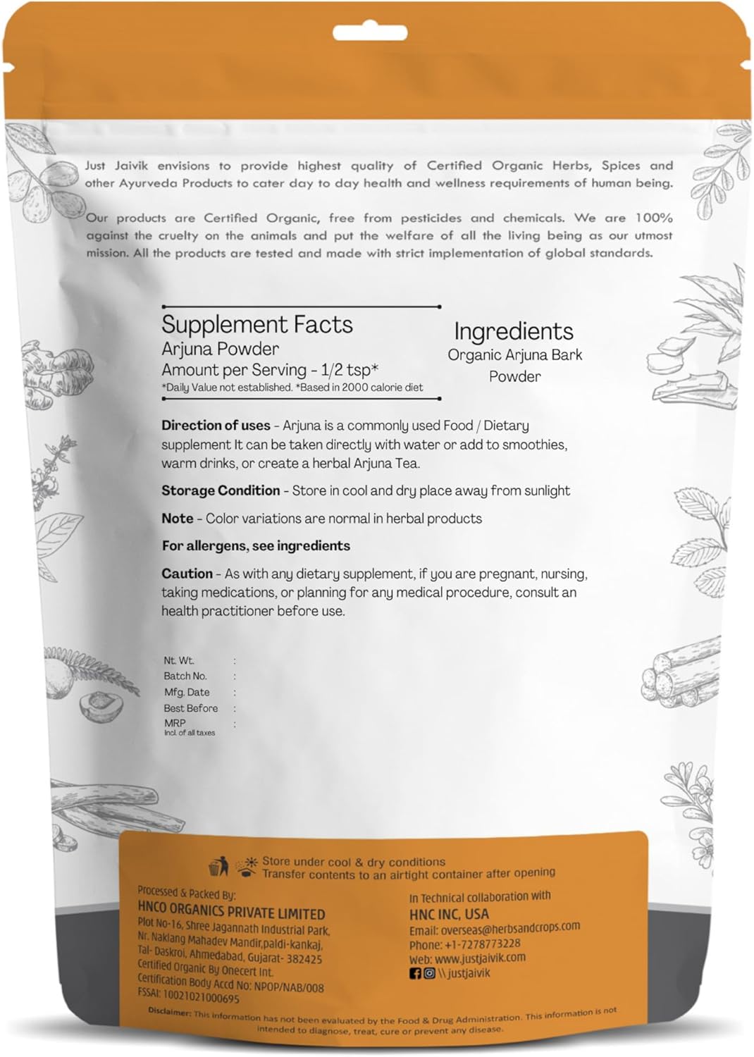 Just Jaivik 100% Organic Arjuna Bark Powder (Terminalia Arjuna) 1/2 LB, 08 oz, 227g USDA Certified Organic- Biodegradable Resealable Zip Lock Pouch Traditional rejuvenative and Tonic for The Heart*