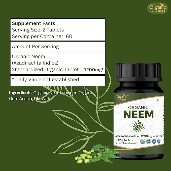Neem 120 Tablets | Azadirachta Indica (Neem) | USDA Organic Certified | Healthy Skin and Detox* | Dietary Supplement - 120tab