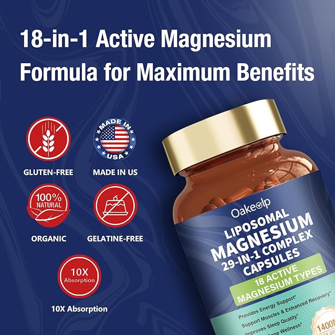 2 Pack 29-in-1 Liposomal 18 Active Types Magnesium Complex 1400MG Capsule,Mild & Efficient, L-Threonate Glycinate Malate etc, Extra Vitamin B6 B12 D3K2 & CoQ10, Relaxation Nerve & Heart