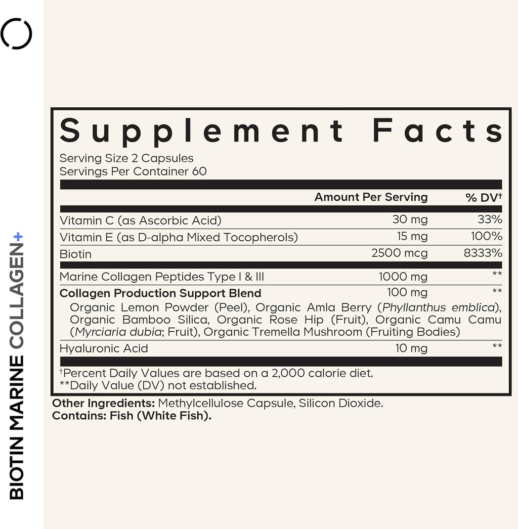 Codeage Biotin Marine Collagen Peptides - Wild-Caught Marine Collagen Types I & III, Biotin, Vitamins C & E, Hyaluronic Acid, Amino Acids, Fruit and Herb Blend, Non-GMO - 120 Capsules
