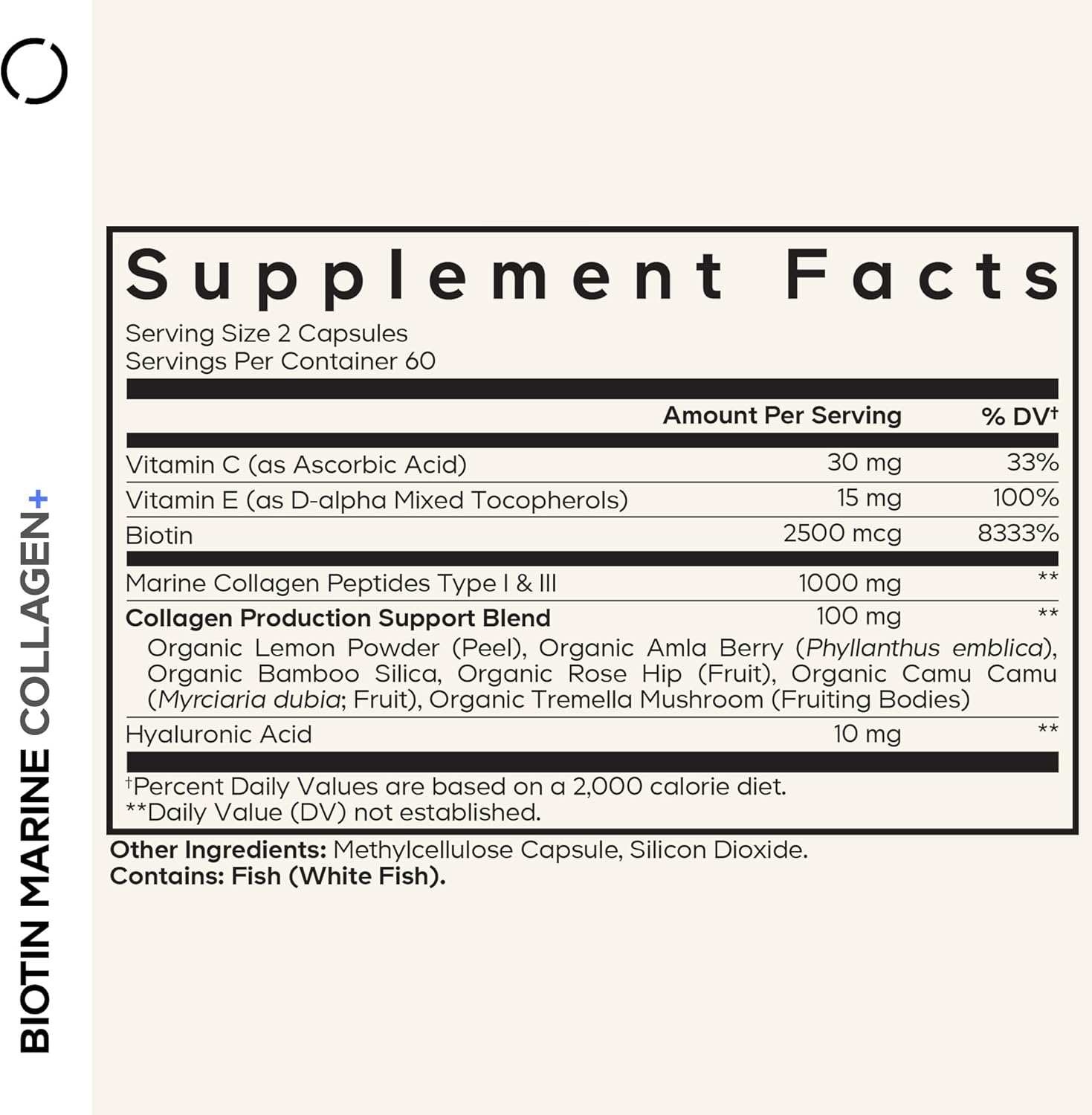 Codeage Biotin Marine Collagen Peptides - Wild-Caught Marine Collagen Types I & III, Biotin, Vitamins C & E, Hyaluronic Acid, Amino Acids, Fruit and Herb Blend, Non-GMO - 120 Capsules