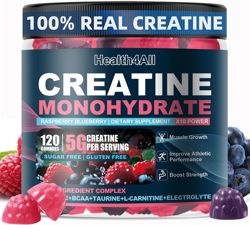 Health4All Creatine Monohydrate Gummies 5G for Men & Women, Preworkout Supplement for Energy & Muscle Growth Support with Electrolyte, BCAA, L-Carnitine & Taurine- Raspberry & Blueberry 120 Gummy