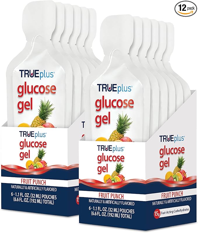 TRUEplus Glucose Gel Pouch, Fruit Punch Flavor, 15g Fast-Acting Carbohydrates, Fat Free, Gluten Free, Quick Support for Low Blood Sugar and Energy, 12 Pack