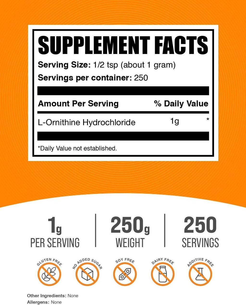BulkSupplements.com L-Ornithine HCl Powder - Ornithine Supplement, Amino Acids Supplement - Gluten Free, 1g per Serving, 250g (8.8 oz) (Pack of 1)