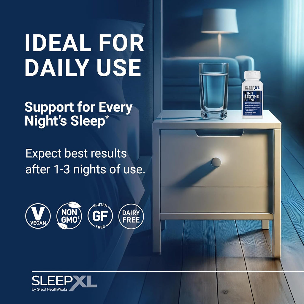 SleepXL Sleep Supplement Non-Habit-Forming Formula - Fall Asleep Faster & Sleep Longer - 5 key ingredients include Melatonin, L-Theanine, Chamomile, Magnesium & Vitamin B6 (60 Capsules, 30 Servings)