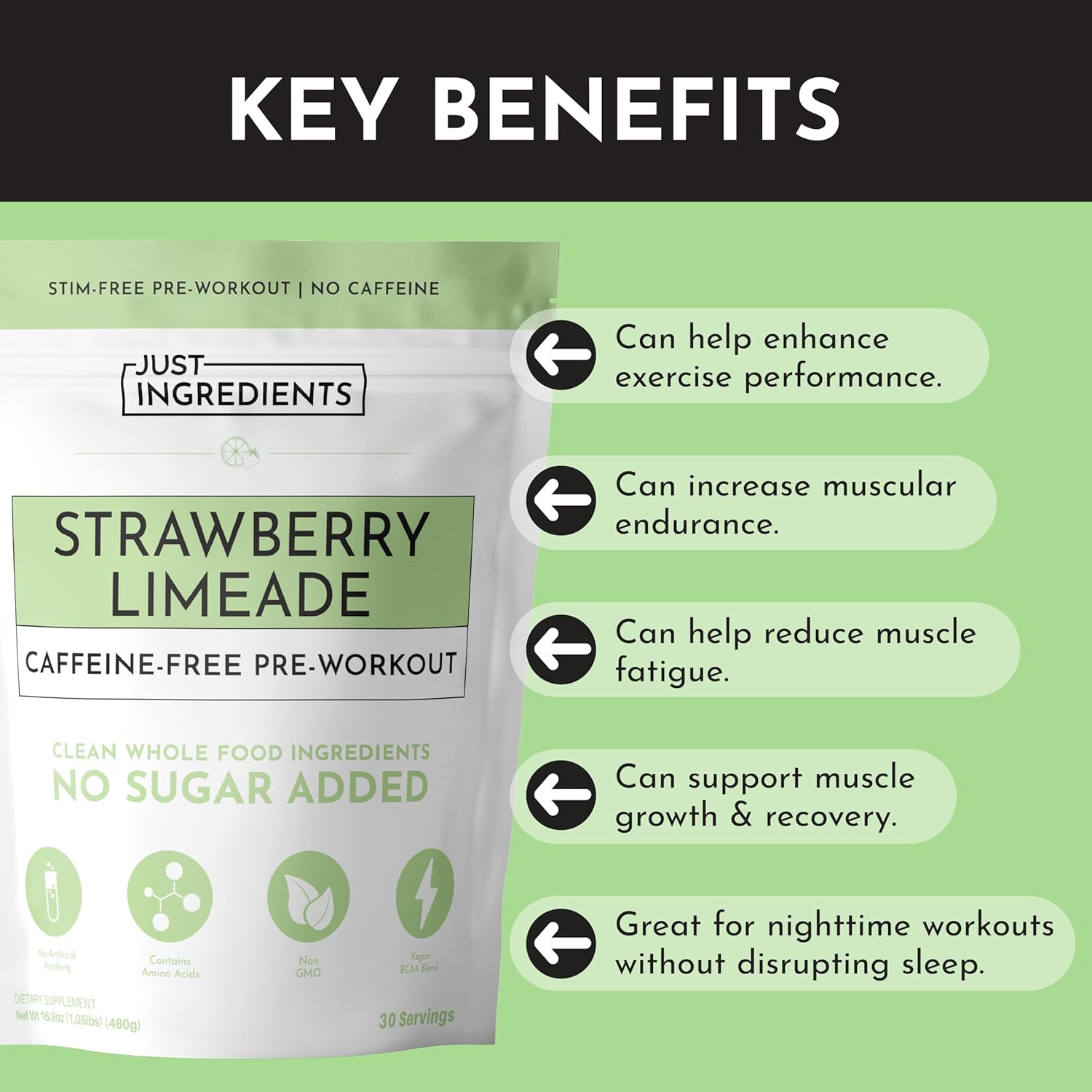 JUST INGREDIENTS Pre-Workout Strawberry Lemonade (Caffeine-Free) - BCAAs, Beta Alanine, Citrulline Malate, Ginseng, Maca Root - 30 Servings