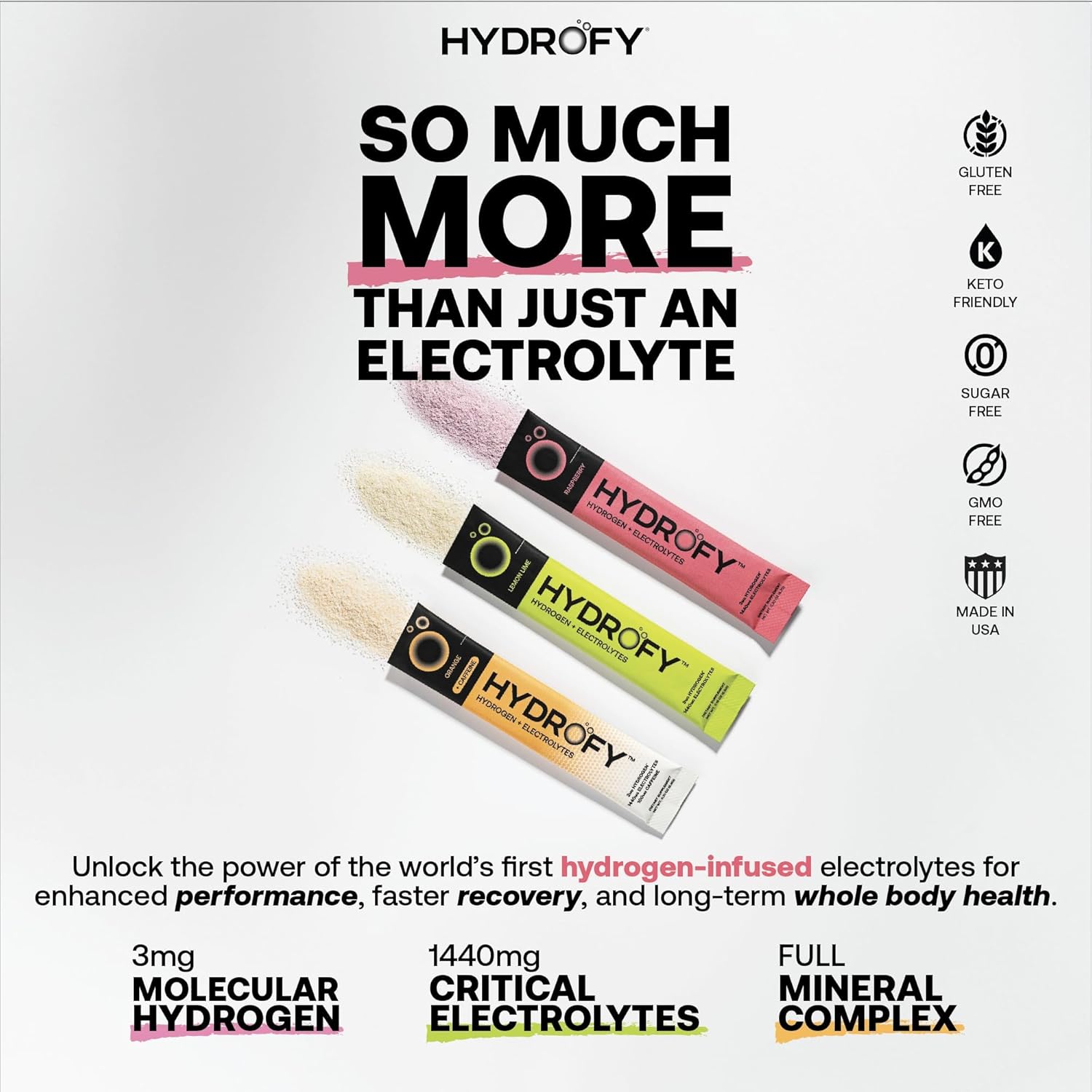 Hydrofy Hydrogen Water + Electrolytes Drink Mix - Variety Pack | H2 Hydration Packets with Molecular Hydrogen, Sodium, Potassium, Magnesium | Lemon Lime, Raspberry, Orange + Caffeine | 12 Count