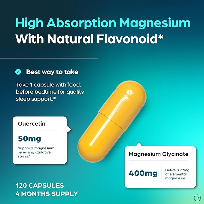 Magnesium Glycinate 400mg High Absorption Capsules with Quercetin | Quality Sleep, Relaxation & Muscle Health Supplement for Women and Men | Chelated Magnesium 120 Count (Pack of 2) | Easy to Swallow