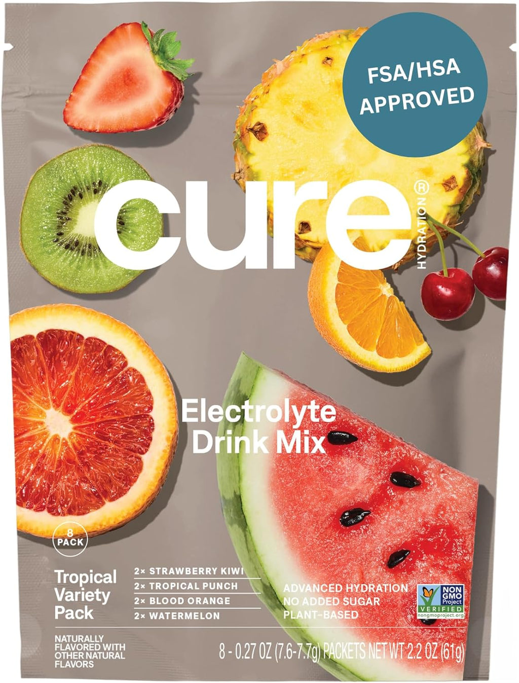 Cure Hydration | Plant-Based Electrolyte Drink Mix | No Added Sugar | FSA-HSA | Dehydration Relief Powder Made with Coconut Water | Non-GMO | Vegan | 8 Packets - Tropical Variety Pack