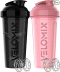 VELOMIX -2 Pack- 28 oz Protein Shaker Bottles for Protein Mixes - 2x Wire Whisk | Leak Proof Shaker Cups for Protein Shakes | Protein Shaker Bottle Pack | Shakers for Protein Shakes-Pink&Black