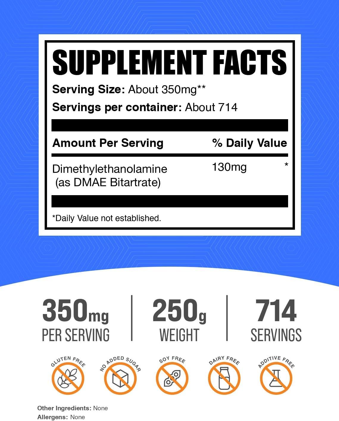 BulkSupplements.com DMAE Bitartrate Powder - Dimethylaminoethanol Bitartrate, DMAE Supplement - Unflavored & Gluten Free, 350mg per Serving, 250g (8.8 oz) (Pack of 1)