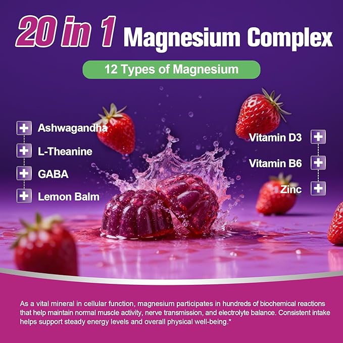 Magnesium Complex Gummies, 20 in 1 Magnesium Gummy with Glycinate Citrate Malate Taurate - Ashwagandha, L-Theanine, D3&Zinc for Relaxation, Sleep, Muscle&Heart Support, Strawberry, 60 Cts