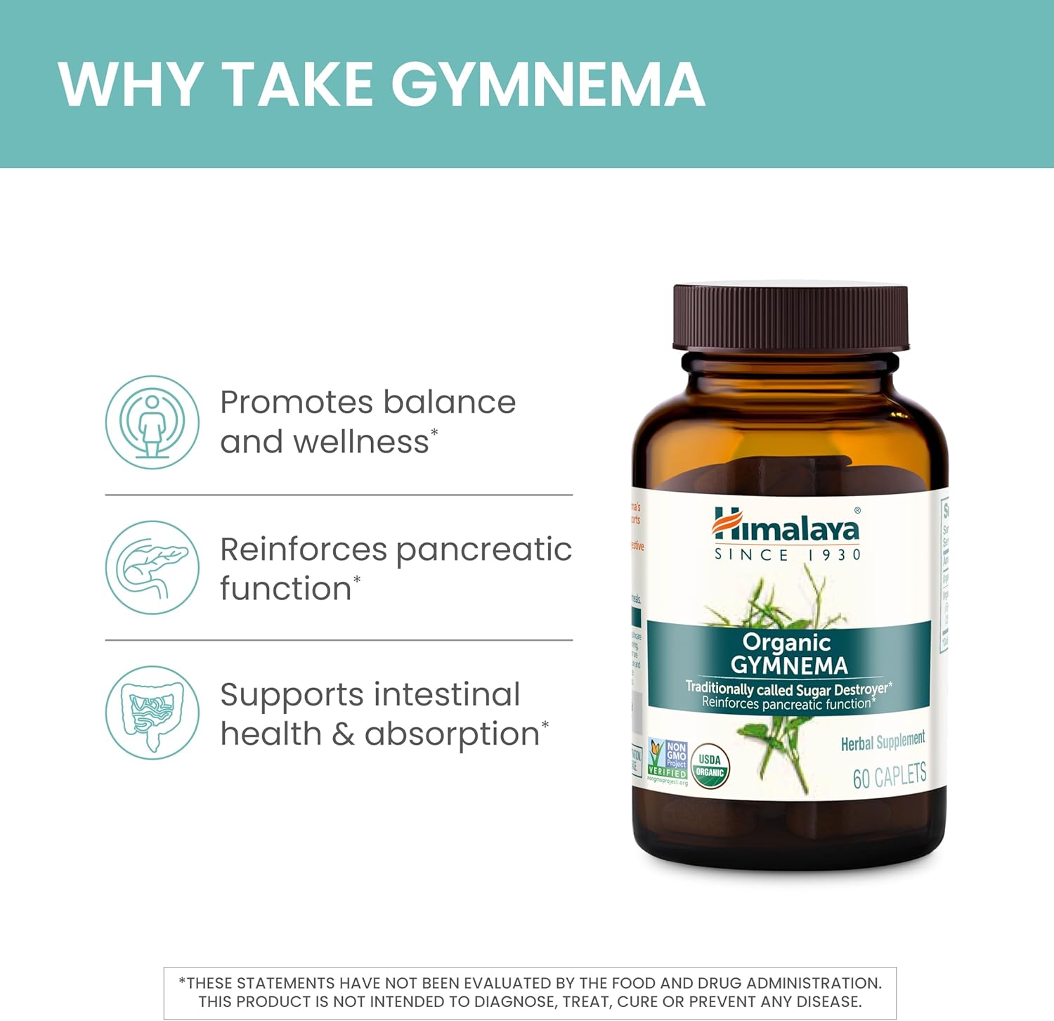 Himalaya Organic Gymnema Sylvestre Herbal Supplement USDA Certified Organic, Non-GMO, 700 mg, 30 Plant-Based Caplets, 2 Pack