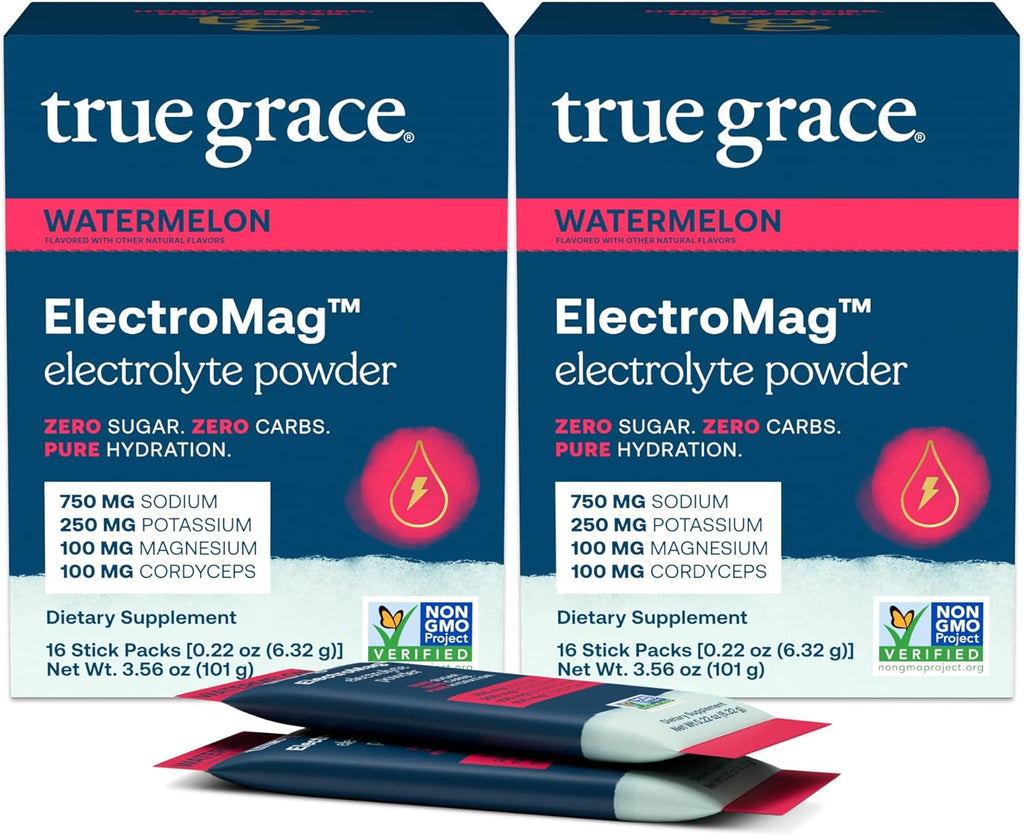 True Grace ElectroMag - 16 Stick Packs (Pack of 2) - Watermelon - Electrolyte Powder for Rapid Hydration - Sodium, Potassium, Magnesium & Cordyceps - Zero Sugar & Carbs - Non-GMO - 32 Total Servings