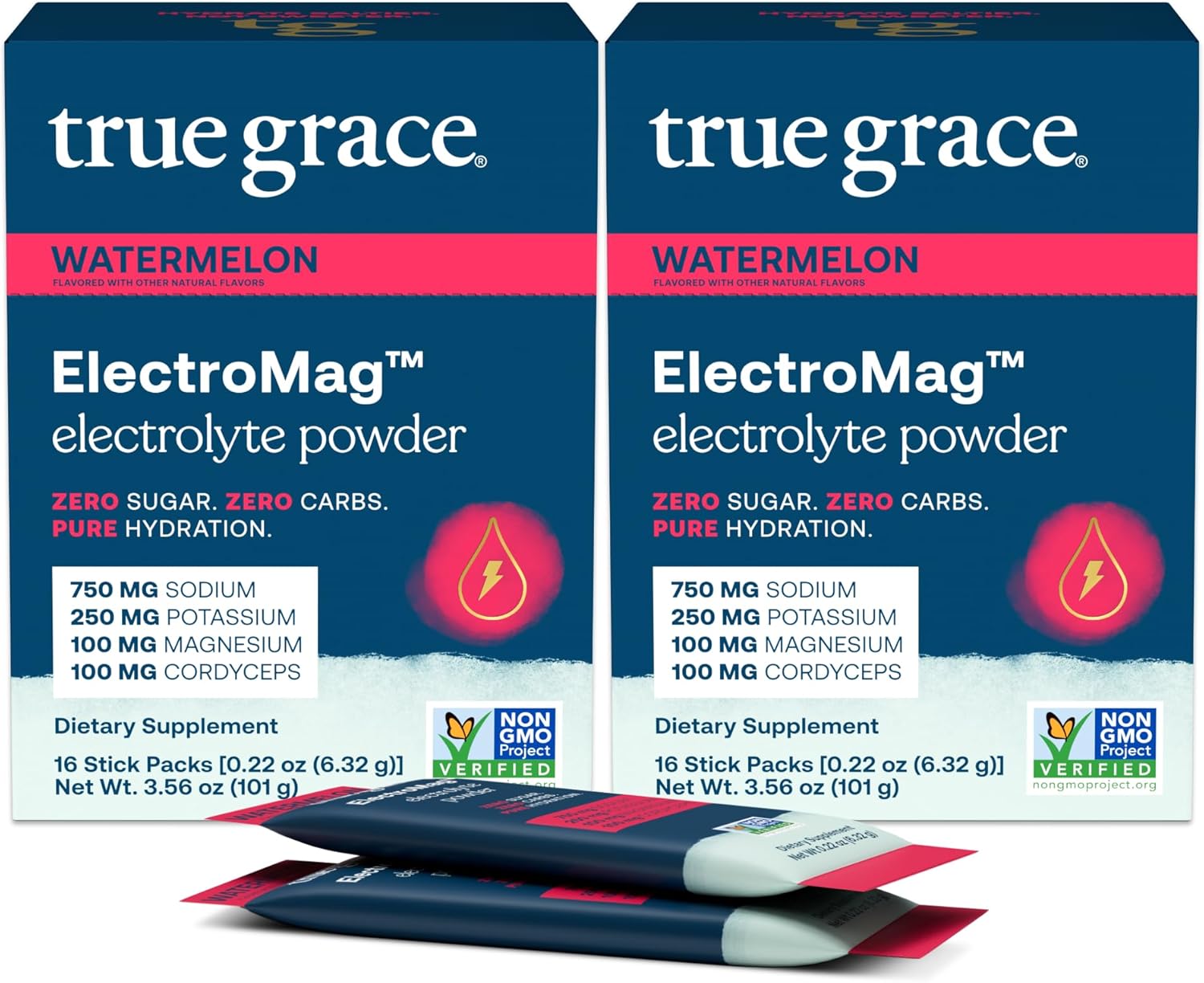 True Grace ElectroMag - 16 Stick Packs (Pack of 2) - Watermelon - Electrolyte Powder for Rapid Hydration - Sodium, Potassium, Magnesium & Cordyceps - Zero Sugar & Carbs - Non-GMO - 32 Total Servings